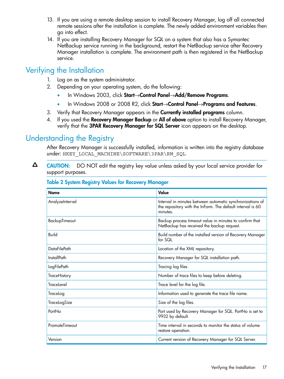 Verifying the installation, Understanding the registry | HP 3PAR Application Software Suite for Microsoft SQL Licenses User Manual | Page 17 / 84