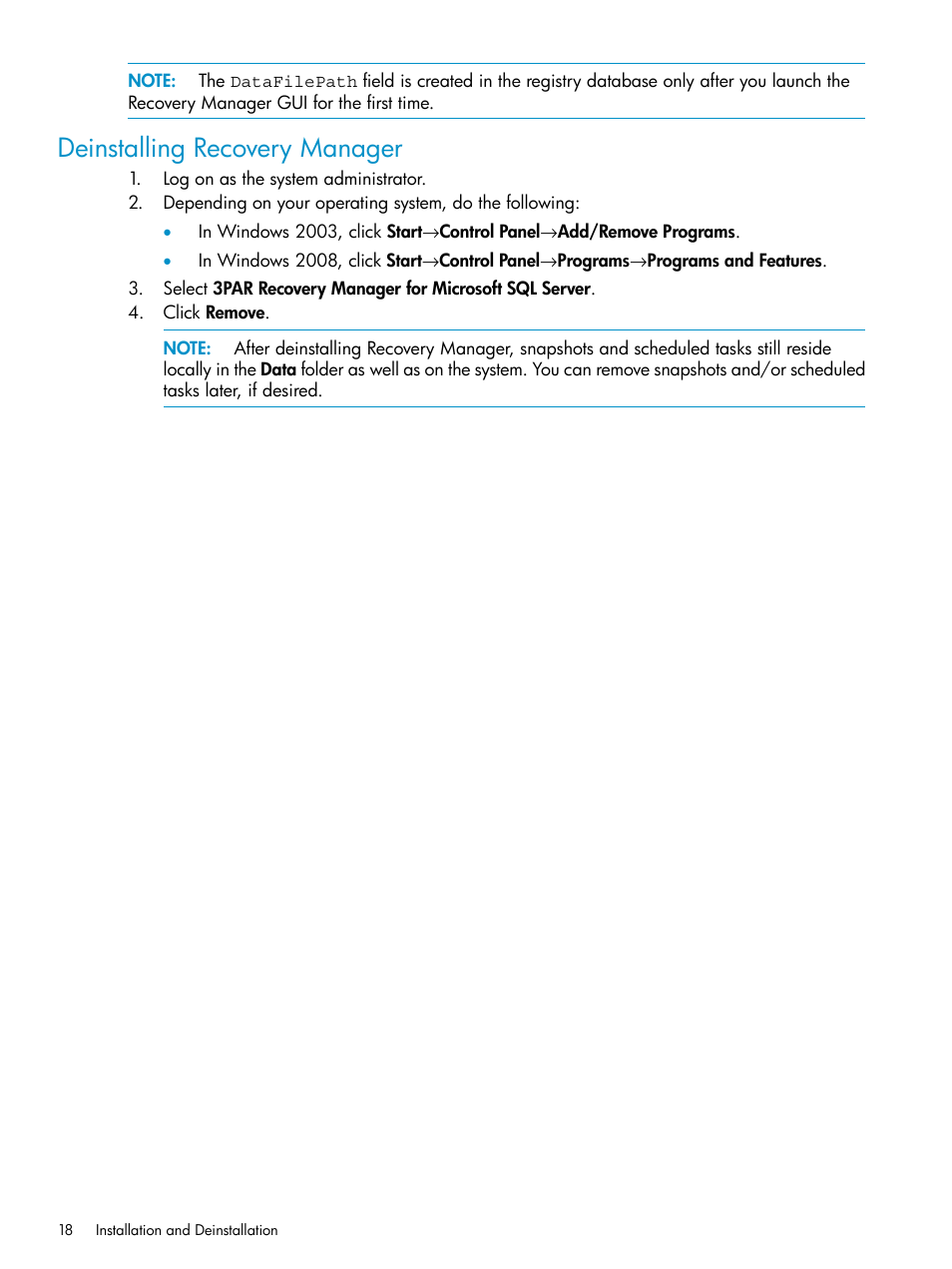 Deinstalling recovery manager, Deinstalling recovery | HP 3PAR Application Software Suite for Microsoft SQL Licenses User Manual | Page 18 / 84