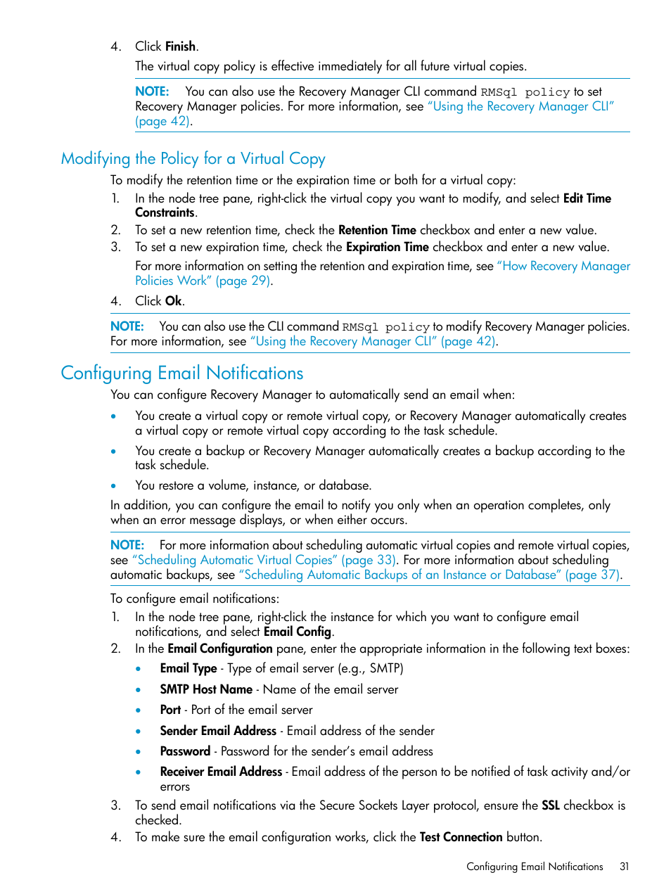 Modifying the policy for a virtual copy, Configuring email notifications | HP 3PAR Application Software Suite for Microsoft SQL Licenses User Manual | Page 31 / 84