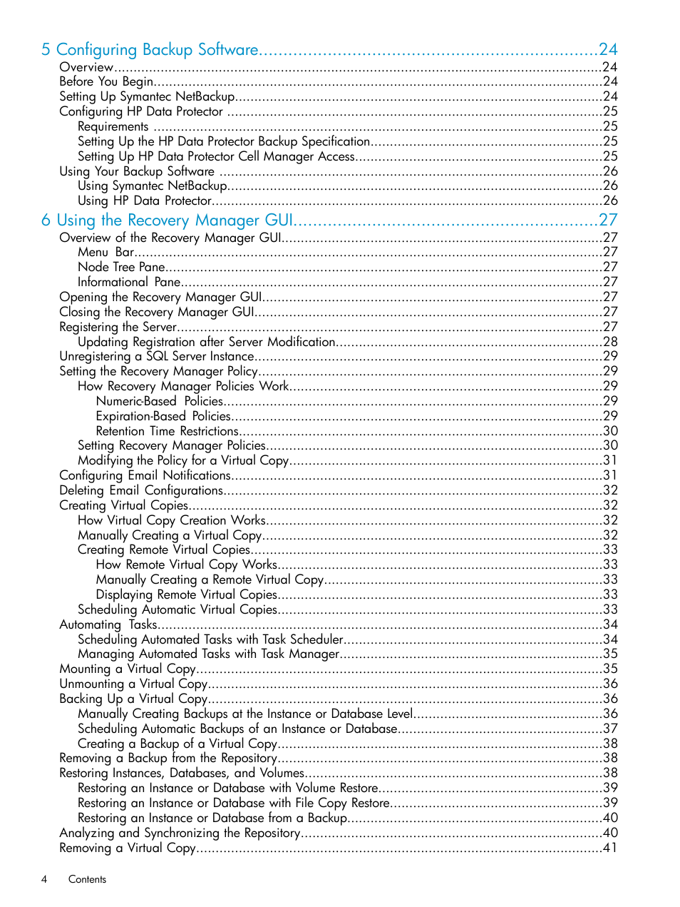 5 configuring backup software, 6 using the recovery manager gui | HP 3PAR Application Software Suite for Microsoft SQL Licenses User Manual | Page 4 / 84