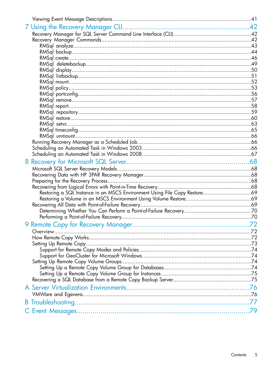 7 using the recovery manager cli, 8 recovery for microsoft sql server, 9 remote copy for recovery manager | A server virtualization environments, B troubleshooting c event messages | HP 3PAR Application Software Suite for Microsoft SQL Licenses User Manual | Page 5 / 84