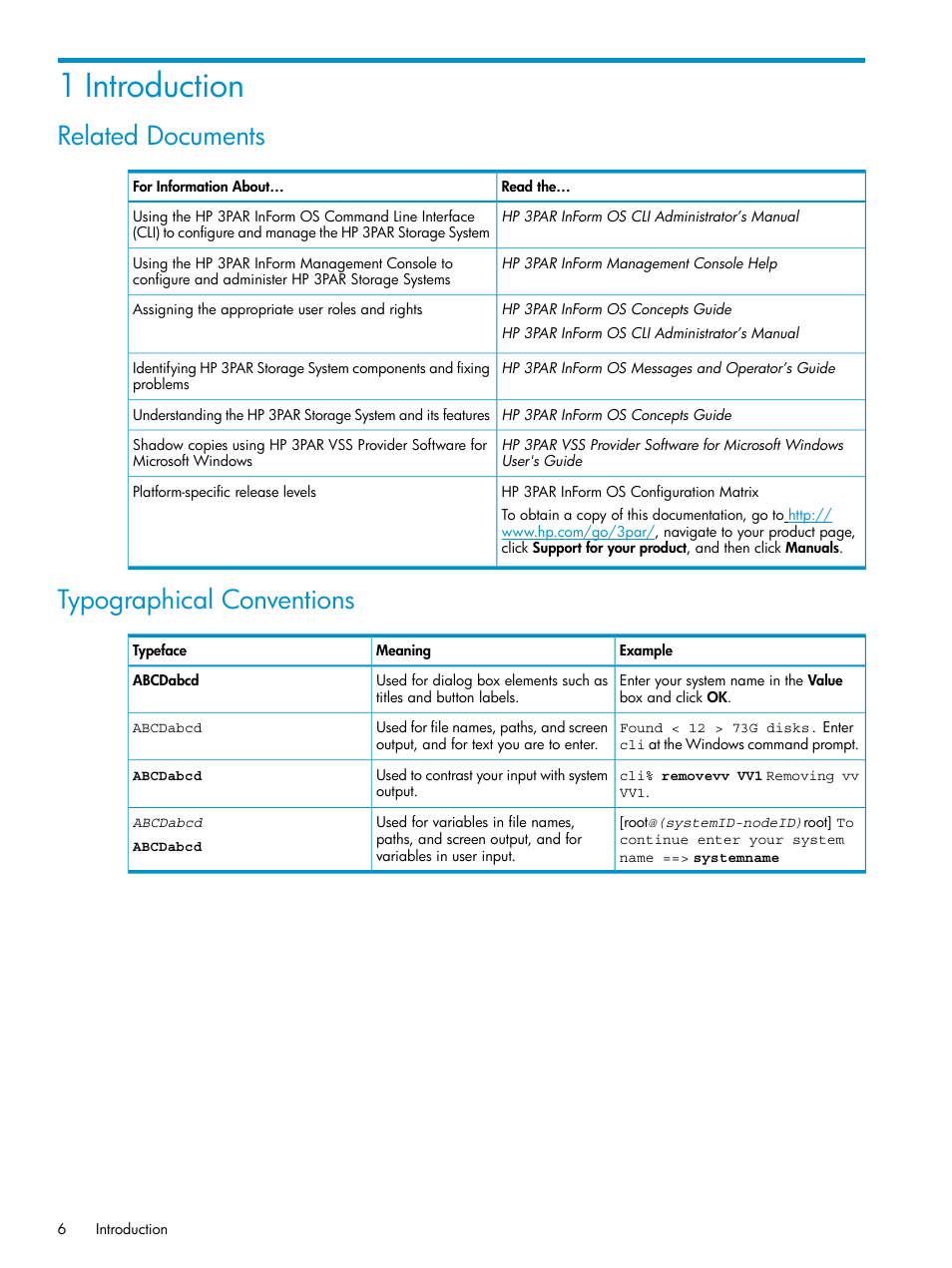 1 introduction, Related documents, Typographical conventions | Related documents typographical conventions | HP 3PAR Application Software Suite for Microsoft SQL Licenses User Manual | Page 6 / 84