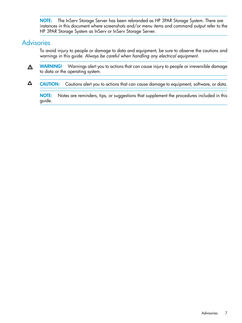 Advisories | HP 3PAR Application Software Suite for Microsoft SQL Licenses User Manual | Page 7 / 84
