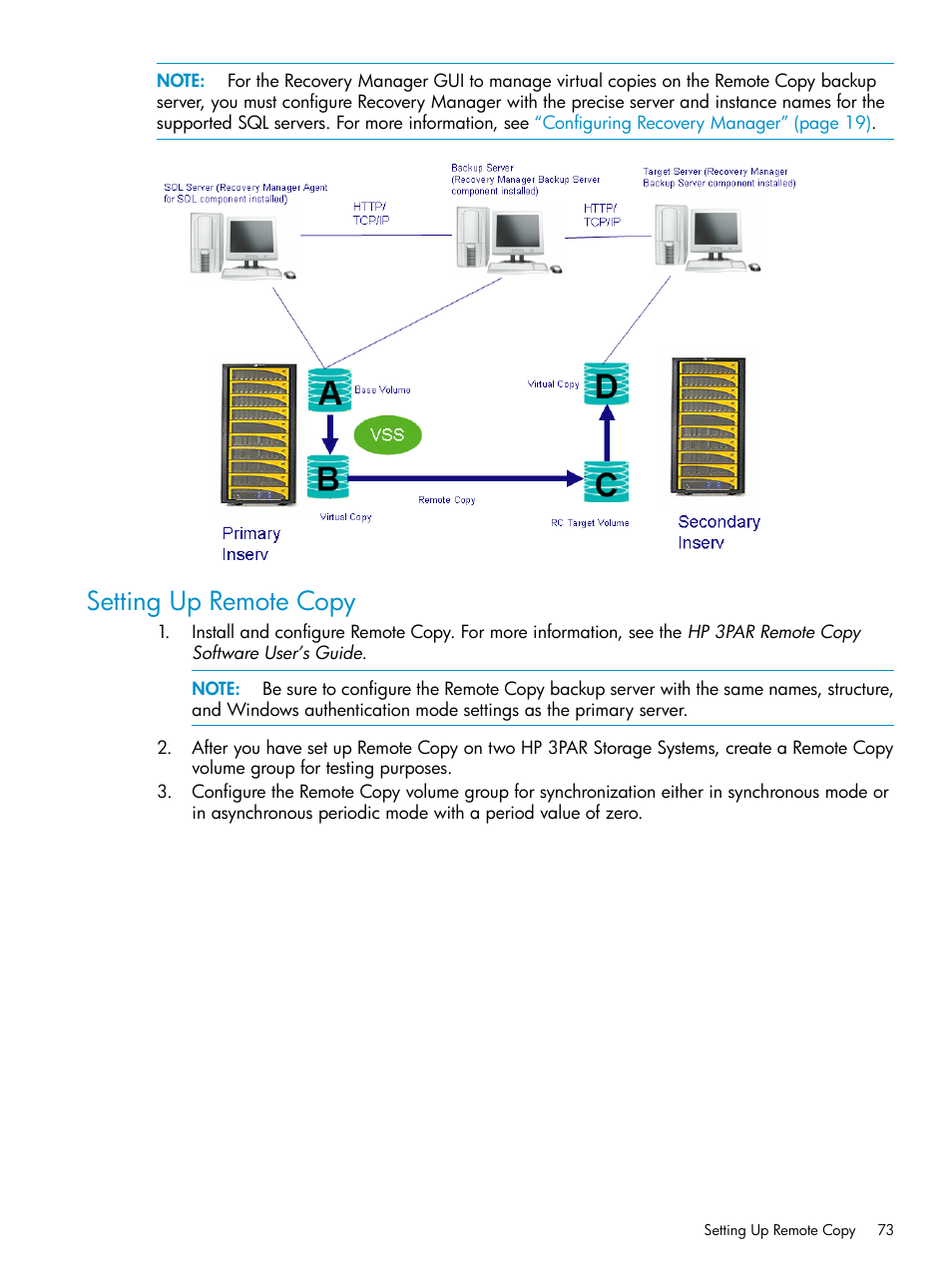 Setting up remote copy | HP 3PAR Application Software Suite for Microsoft SQL Licenses User Manual | Page 73 / 84