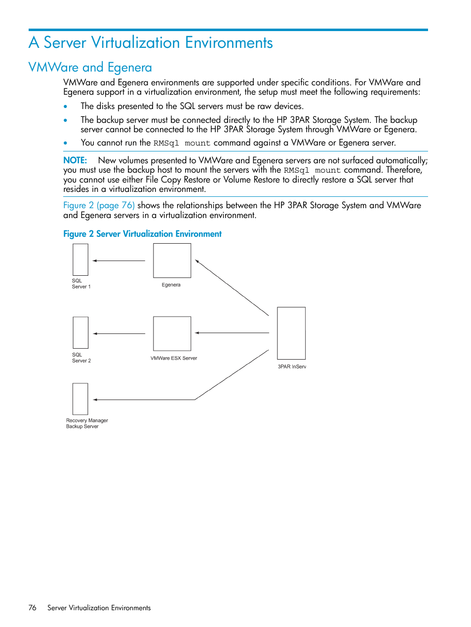 A server virtualization environments, Vmware and egenera | HP 3PAR Application Software Suite for Microsoft SQL Licenses User Manual | Page 76 / 84