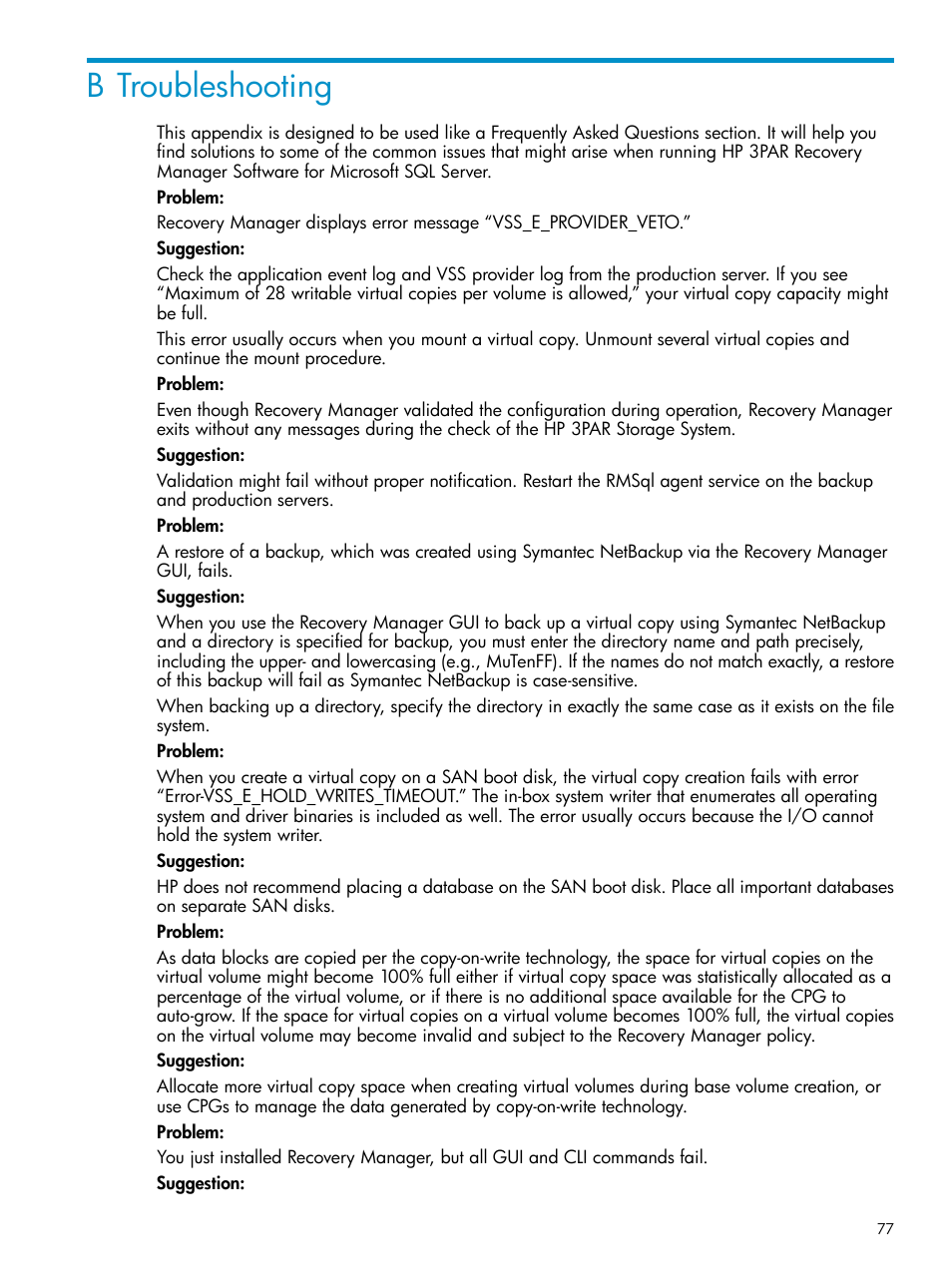 B troubleshooting | HP 3PAR Application Software Suite for Microsoft SQL Licenses User Manual | Page 77 / 84
