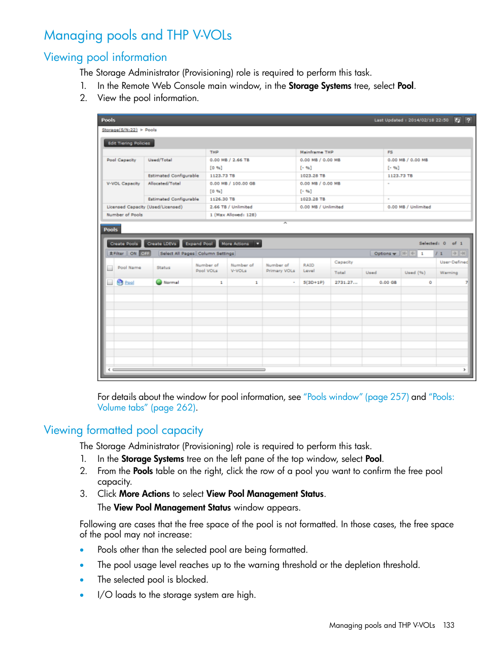 Managing pools and thp v-vols, Viewing pool information, Viewing formatted pool capacity | HP XP7 Storage User Manual | Page 133 / 338