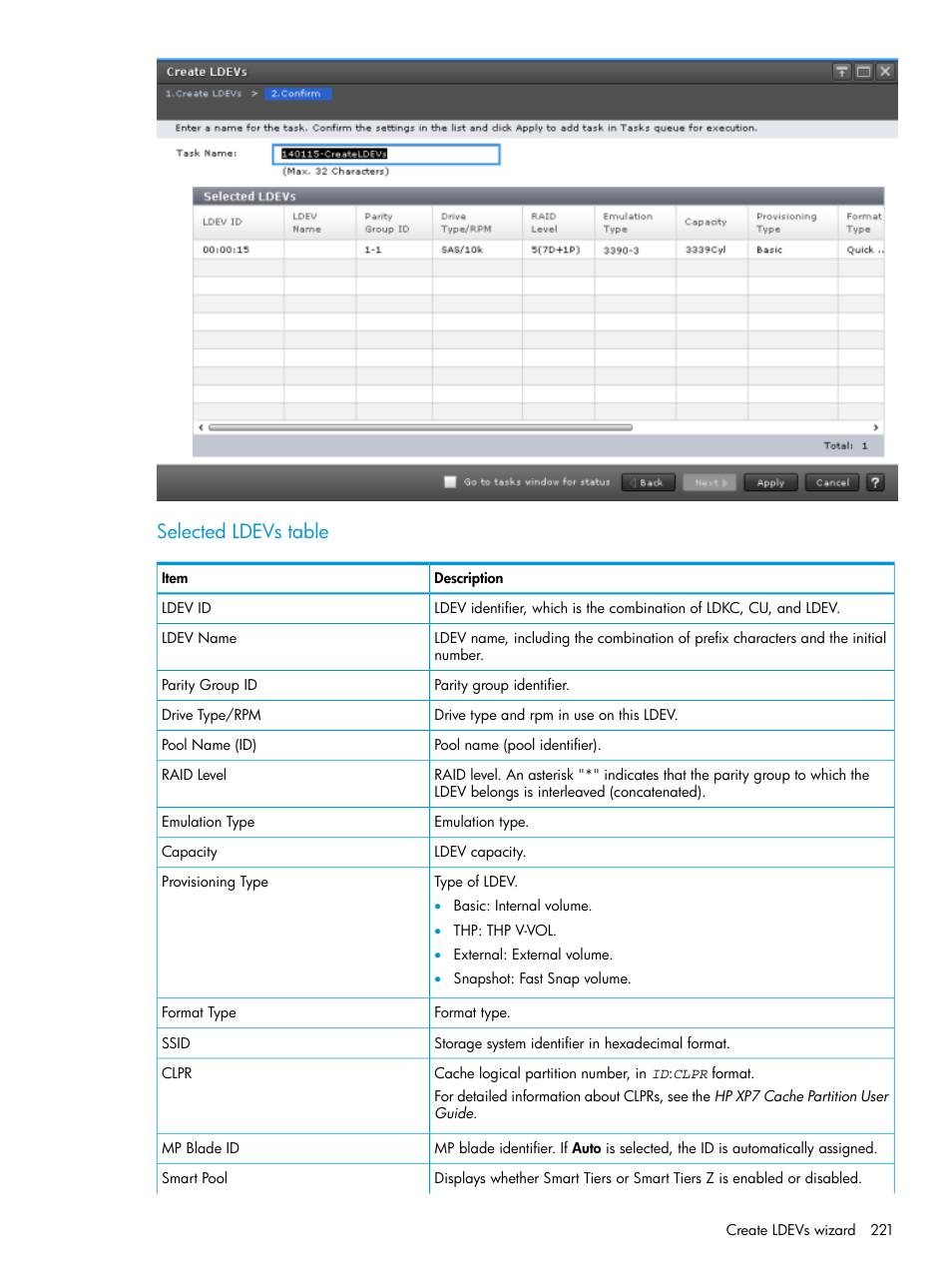 Selected ldevs table | HP XP7 Storage User Manual | Page 221 / 338