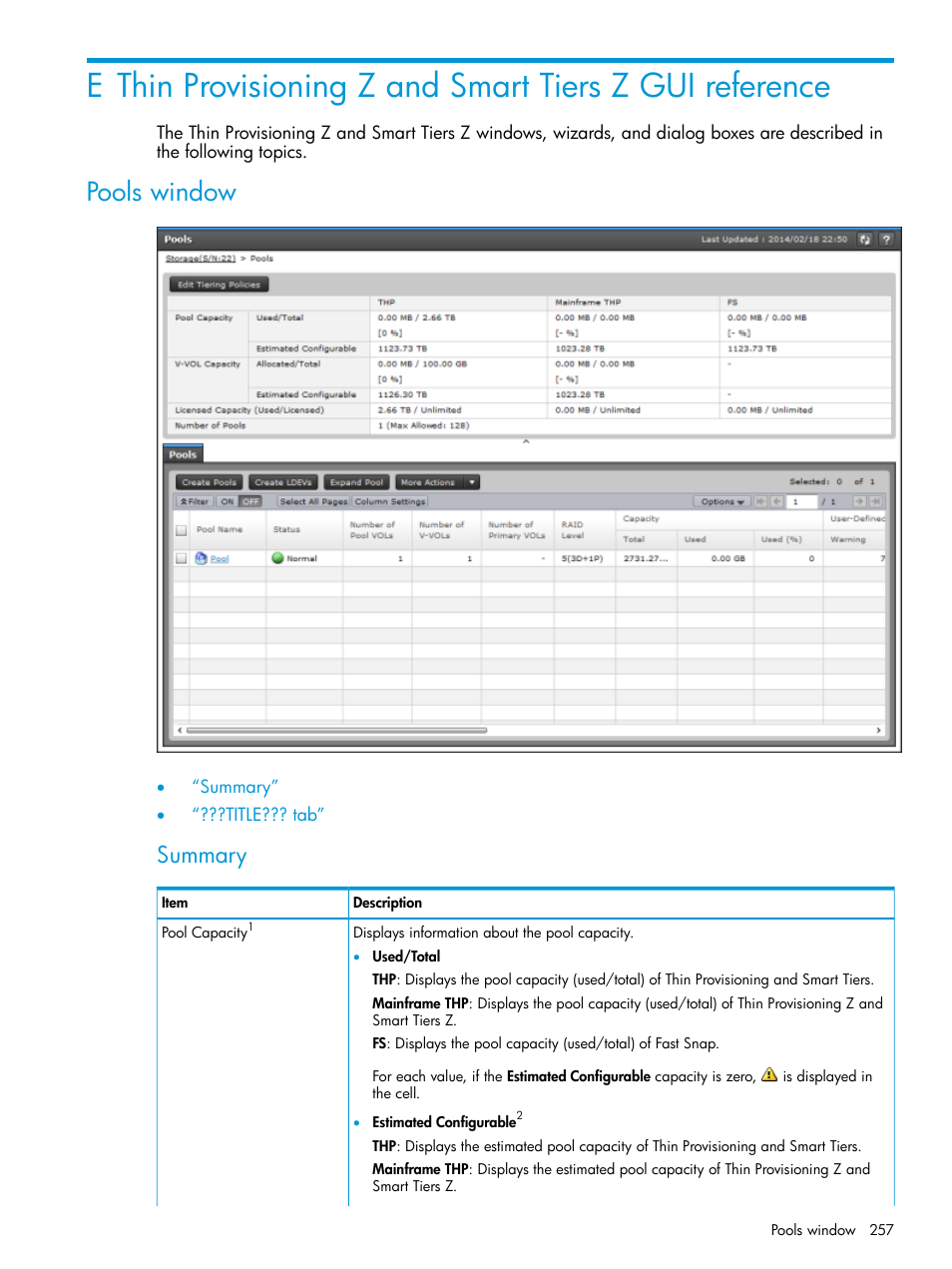 Pools window, Summary | HP XP7 Storage User Manual | Page 257 / 338