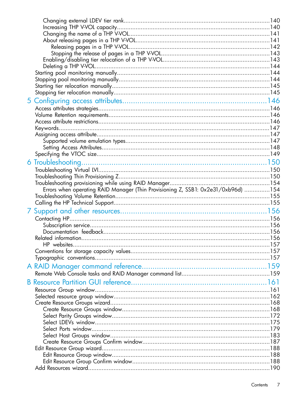 5 configuring access attributes, 6 troubleshooting, 7 support and other resources | A raid manager command reference, B resource partition gui reference | HP XP7 Storage User Manual | Page 7 / 338