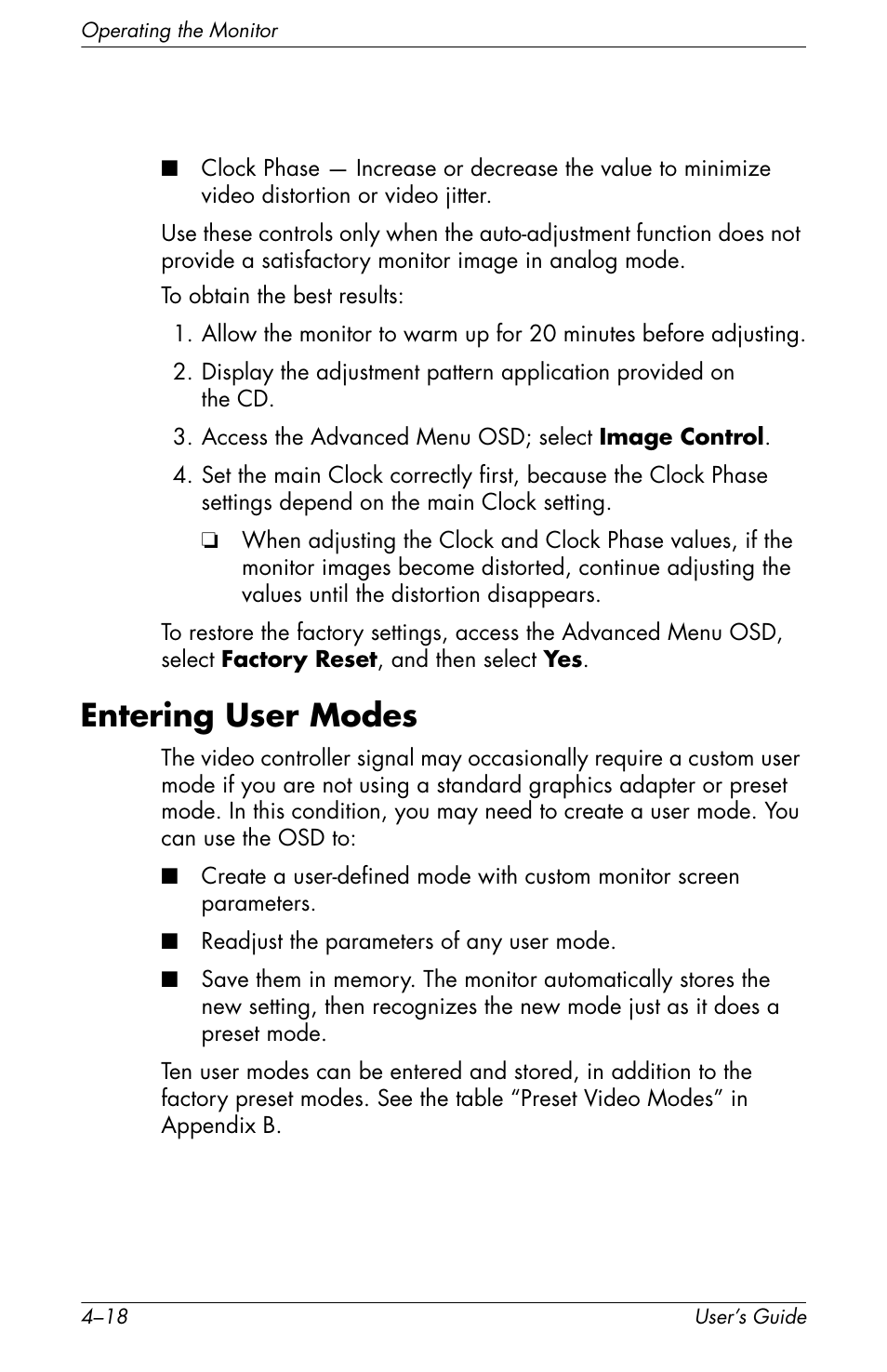 Entering user modes, Entering user modes –18 | HP f2105 21 inch LCD Monitor User Manual | Page 54 / 74