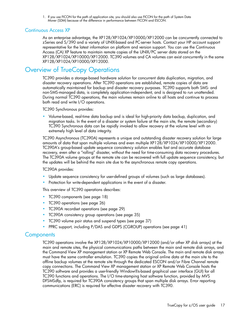 Continuous access xp, Overview of truecopy operations, Components | HP StorageWorks XP Remote Web Console Software User Manual | Page 17 / 208