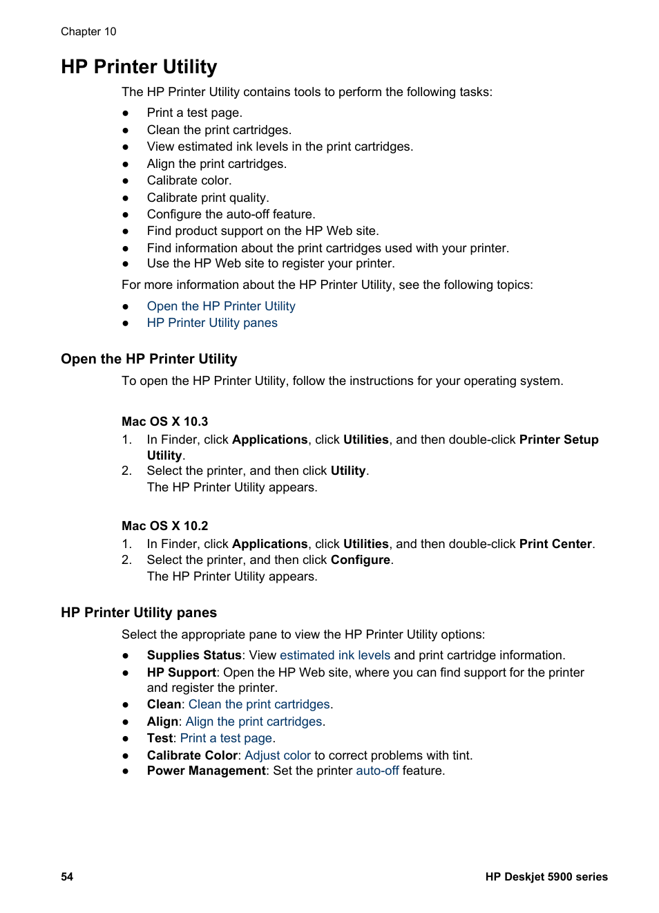 Hp printer utility, Open the hp printer utility, Mac os x 10.3 | Mac os x 10.2, Hp printer utility panes, Utility: open the, And then select the, And then select | HP Deskjet 5943 Photo Printer User Manual | Page 56 / 86