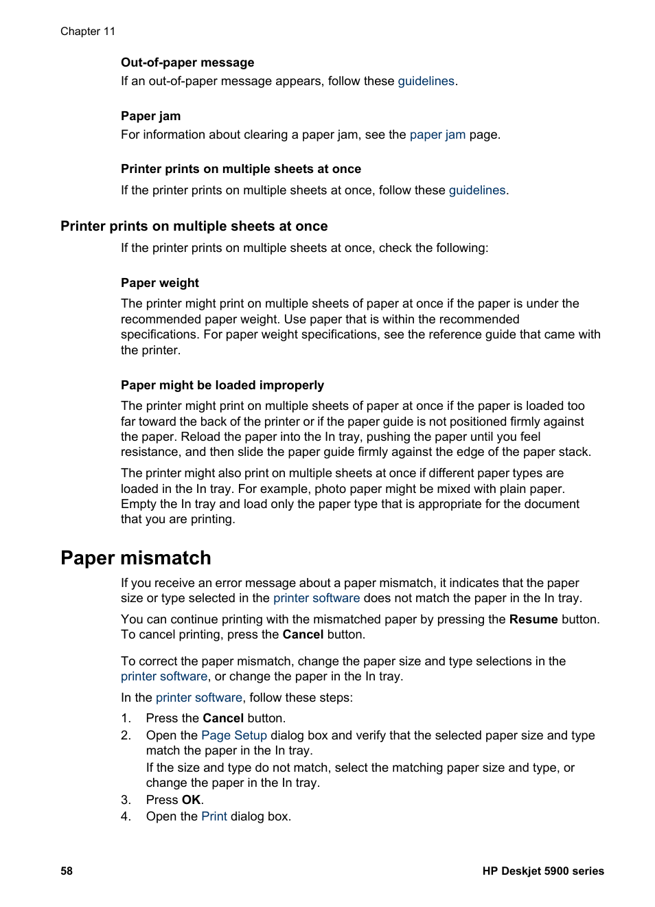 Printer prints on multiple sheets at once, Paper mismatch | HP Deskjet 5943 Photo Printer User Manual | Page 60 / 86