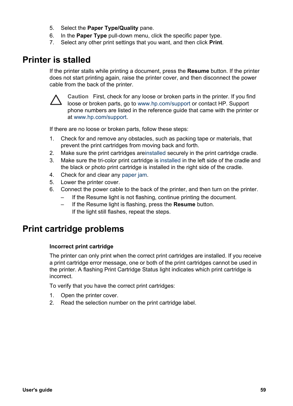 Printer is stalled, Print cartridge problems, Printer is stalled print cartridge problems | HP Deskjet 5943 Photo Printer User Manual | Page 61 / 86