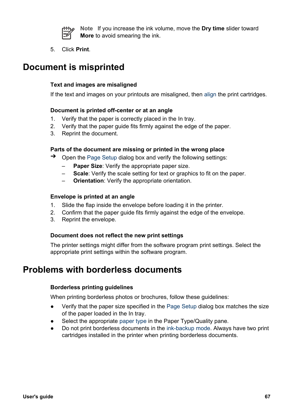 Document is misprinted, Problems with borderless documents | HP Deskjet 5943 Photo Printer User Manual | Page 69 / 86