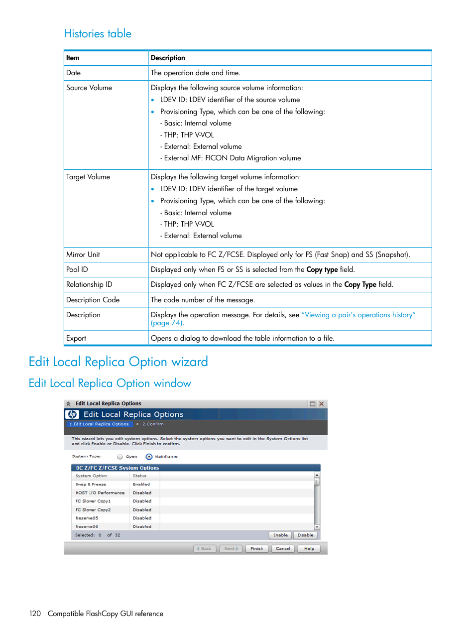 Edit local replica option wizard, Edit local replica option window, Histories table | HP XP P9500 Storage User Manual | Page 120 / 146