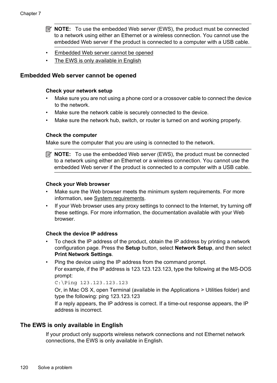 Embedded web server cannot be opened, The ews is only available in english | HP OFFICEJET 4500 User Manual | Page 124 / 228