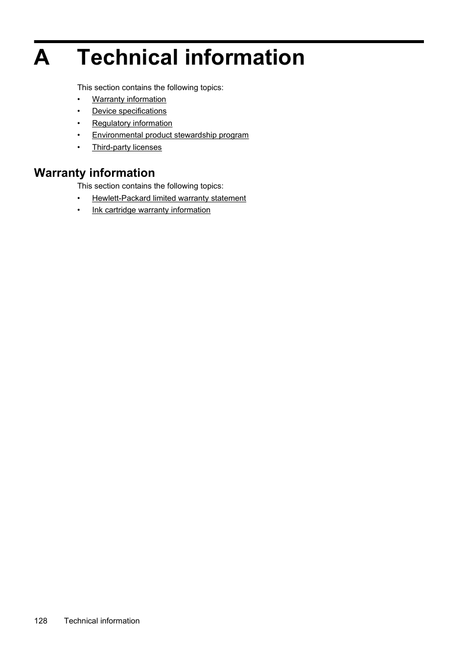 Technical information, Warranty information, A technical information | Atechnical information | HP OFFICEJET 4500 User Manual | Page 132 / 228