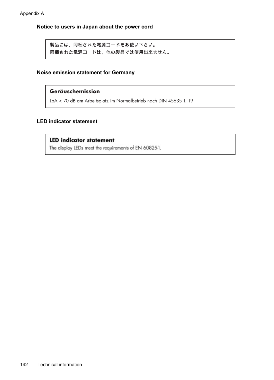 Notice to users in japan about the power cord, Noise emission statement for germany, Led indicator statement | HP OFFICEJET 4500 User Manual | Page 146 / 228