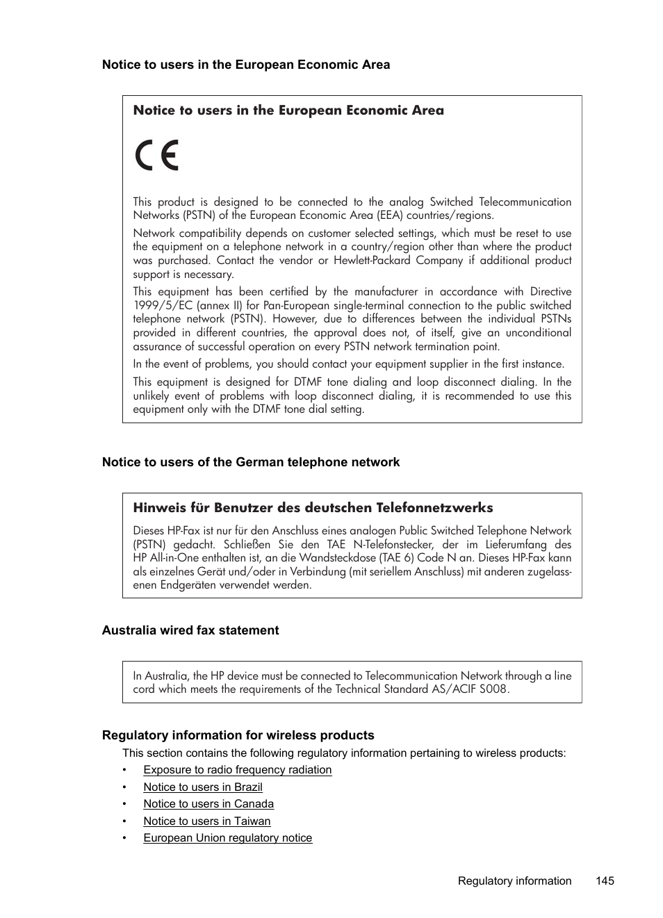 Notice to users in the european economic area, Notice to users of the german telephone network, Australia wired fax statement | Regulatory information for wireless products | HP OFFICEJET 4500 User Manual | Page 149 / 228