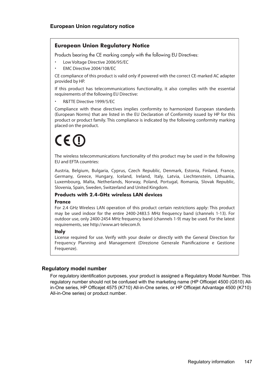 European union regulatory notice, Regulatory model number | HP OFFICEJET 4500 User Manual | Page 151 / 228