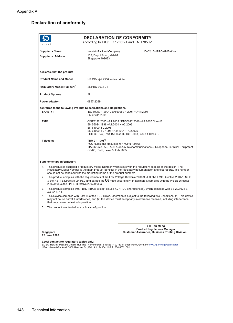 Declaration of conformity, Appendix a 148 technical information | HP OFFICEJET 4500 User Manual | Page 152 / 228
