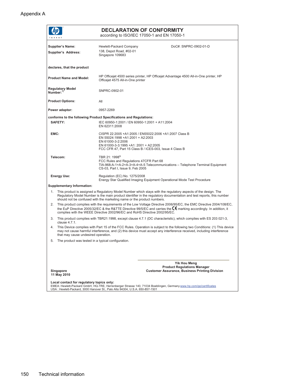 Declaration of conformity, Appendix a 150 technical information | HP OFFICEJET 4500 User Manual | Page 154 / 228