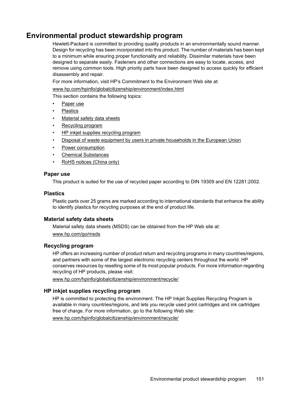 Environmental product stewardship program, Paper use, Plastics | Material safety data sheets, Recycling program, Hp inkjet supplies recycling program | HP OFFICEJET 4500 User Manual | Page 155 / 228