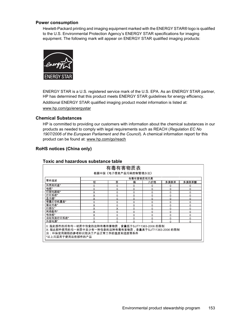 Power consumption, Chemical substances, Rohs notices (china only) | See power consumption | HP OFFICEJET 4500 User Manual | Page 157 / 228