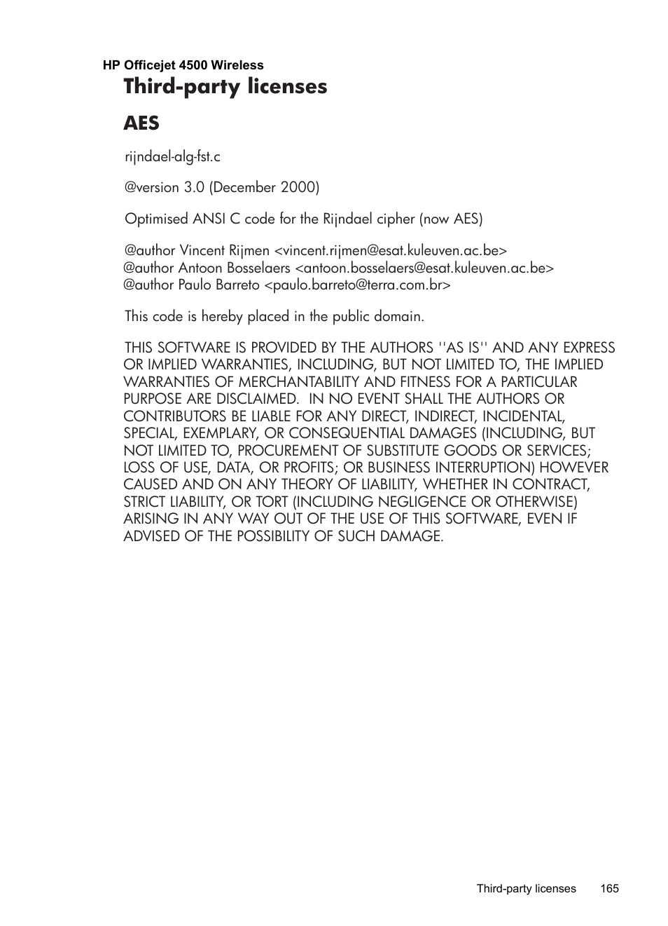 Hp officejet 4500 wireless, Third-party licenses | HP OFFICEJET 4500 User Manual | Page 169 / 228