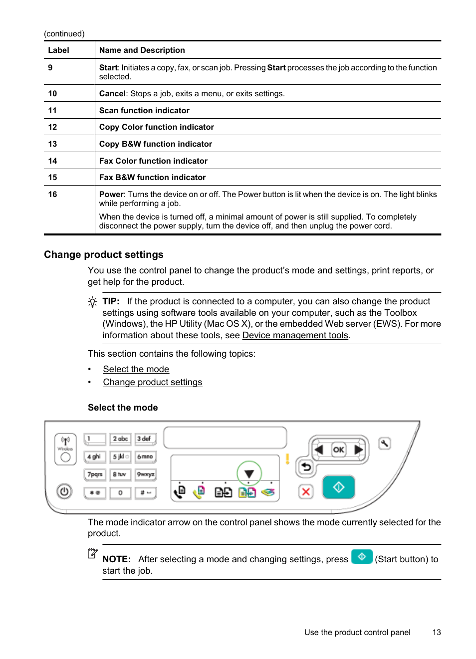Change product settings, Select the mode | HP OFFICEJET 4500 User Manual | Page 17 / 228