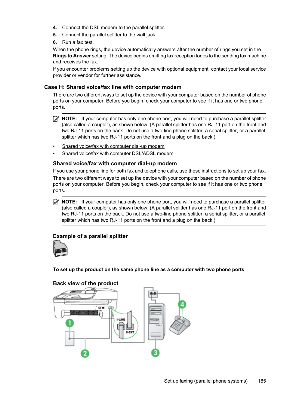 Case h: shared voice/fax line with computer modem, Shared voice/fax with computer dial-up modem | HP OFFICEJET 4500 User Manual | Page 189 / 228