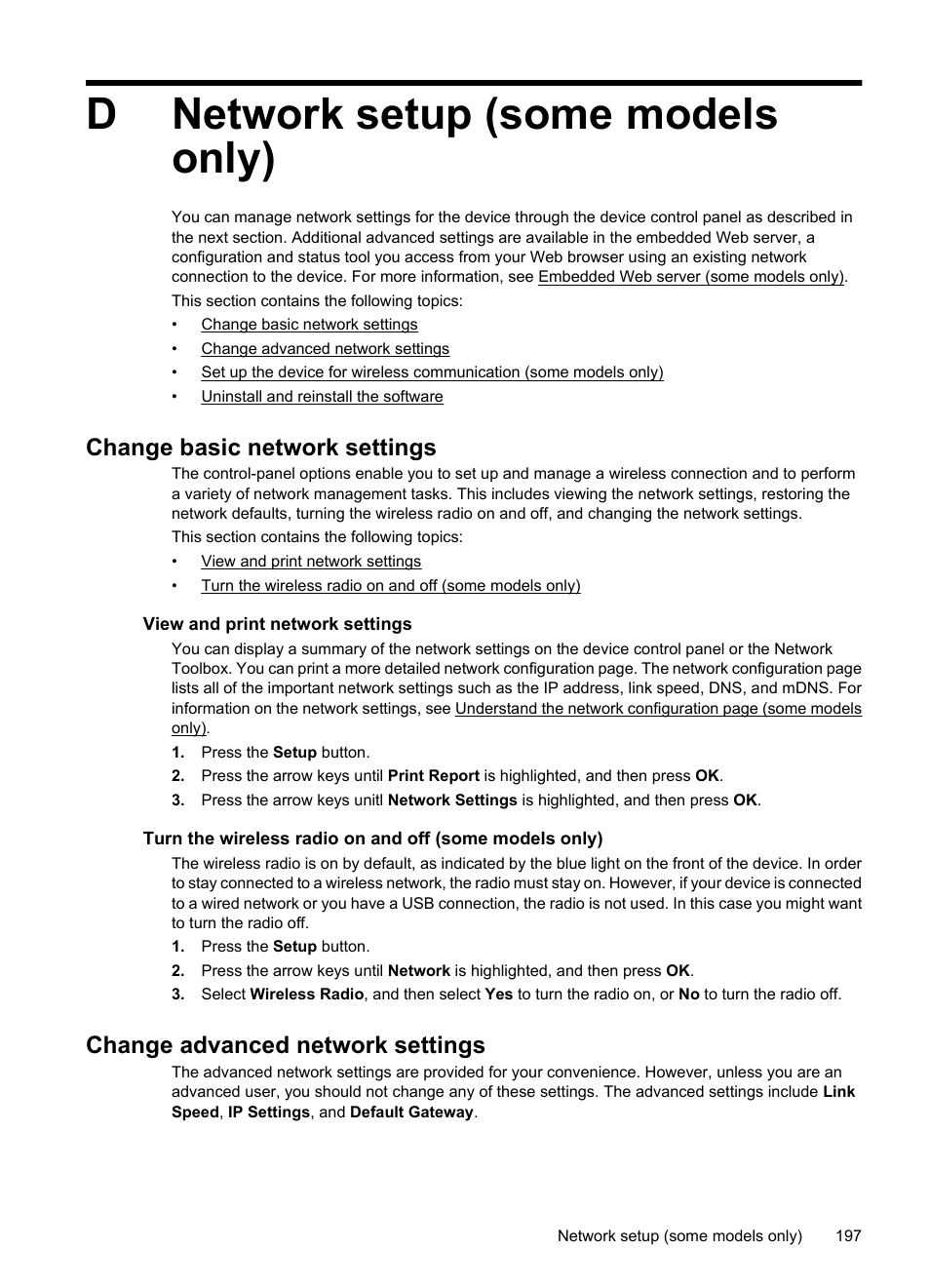 Network setup (some models only), Change basic network settings, View and print network settings | Change advanced network settings, D network setup (some models only), Dnetwork setup (some models only) | HP OFFICEJET 4500 User Manual | Page 201 / 228