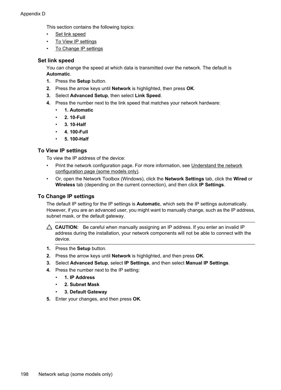 Set link speed, To view ip settings, To change ip settings | HP OFFICEJET 4500 User Manual | Page 202 / 228