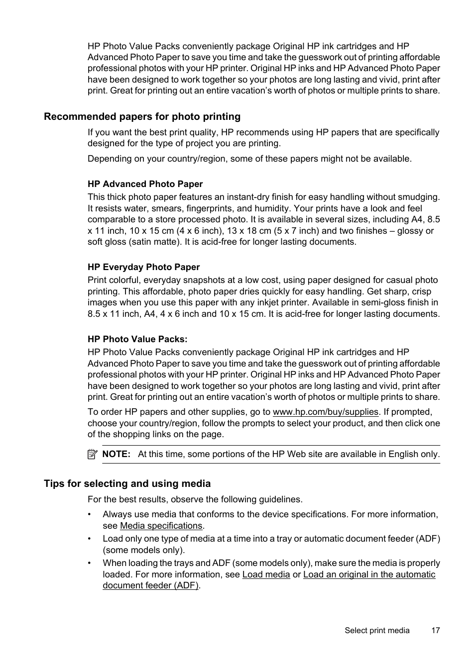 Recommended papers for photo printing, Tips for selecting and using media | HP OFFICEJET 4500 User Manual | Page 21 / 228