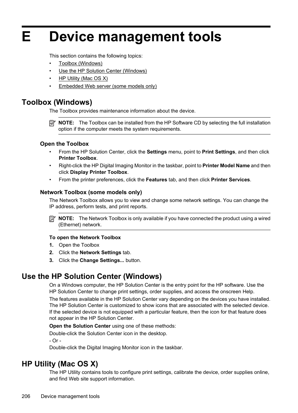Device management tools, Toolbox (windows), Use the hp solution center (windows) | Hp utility (mac os x), E device management tools, Use the hp solution center, Windows), Open the toolbox, See toolbox (windows) or hp utility (mac os x), Tools, see device management tools | HP OFFICEJET 4500 User Manual | Page 210 / 228