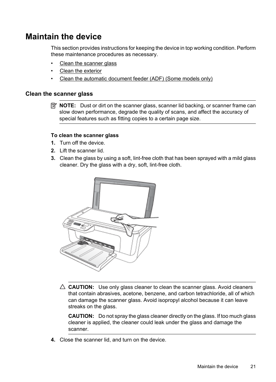 Maintain the device, Clean the scanner glass | HP OFFICEJET 4500 User Manual | Page 25 / 228
