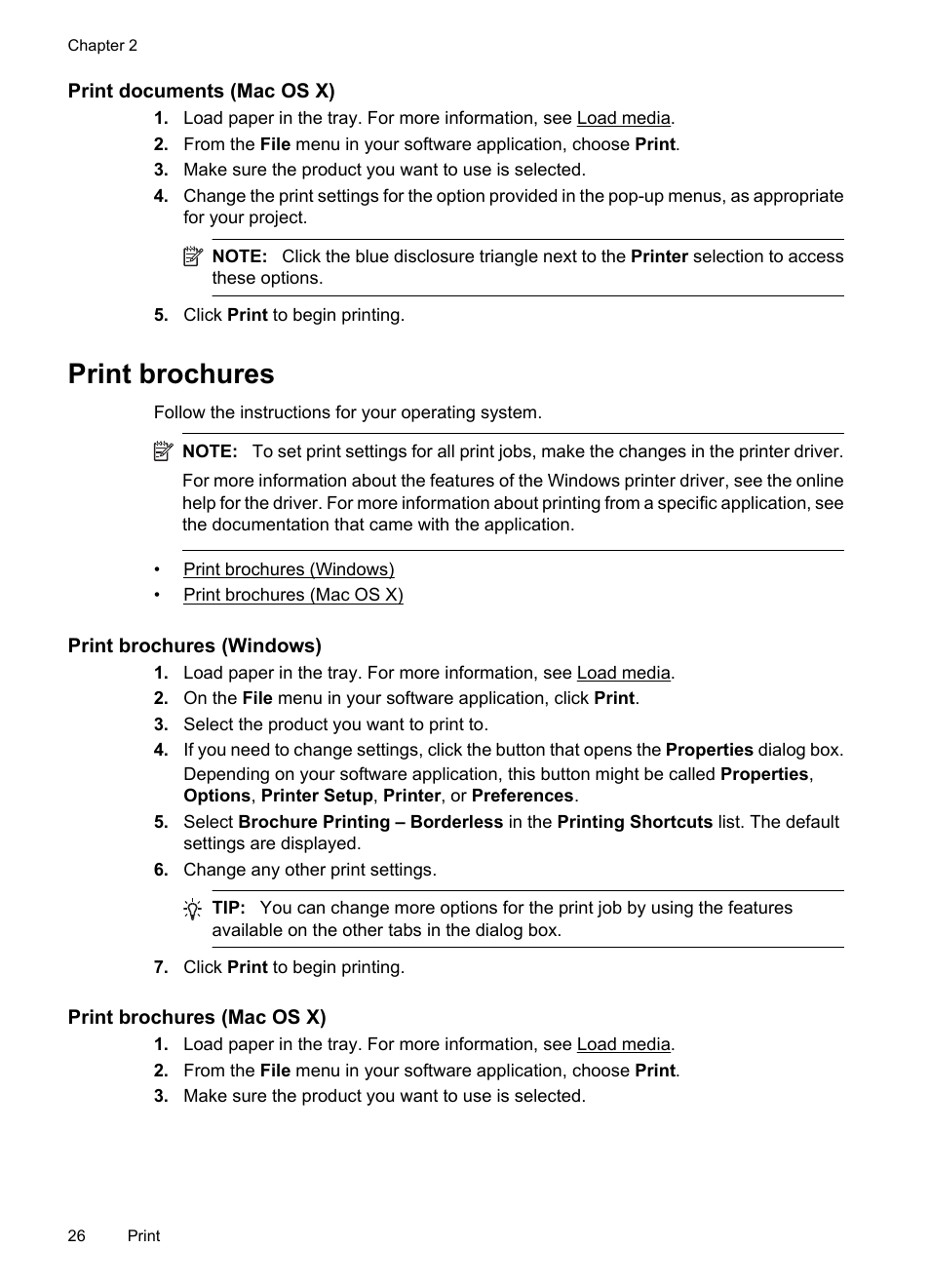 Print documents (mac os x), Print brochures, Print brochures (windows) | Print brochures (mac os x) | HP OFFICEJET 4500 User Manual | Page 30 / 228