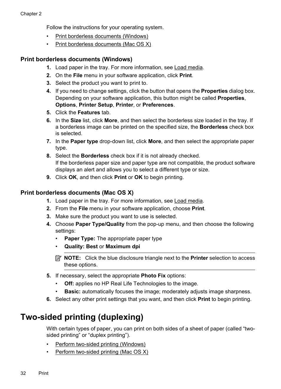 Print borderless documents (windows), Print borderless documents (mac os x), Two-sided printing (duplexing) | E two-sided printing (duplexing) | HP OFFICEJET 4500 User Manual | Page 36 / 228
