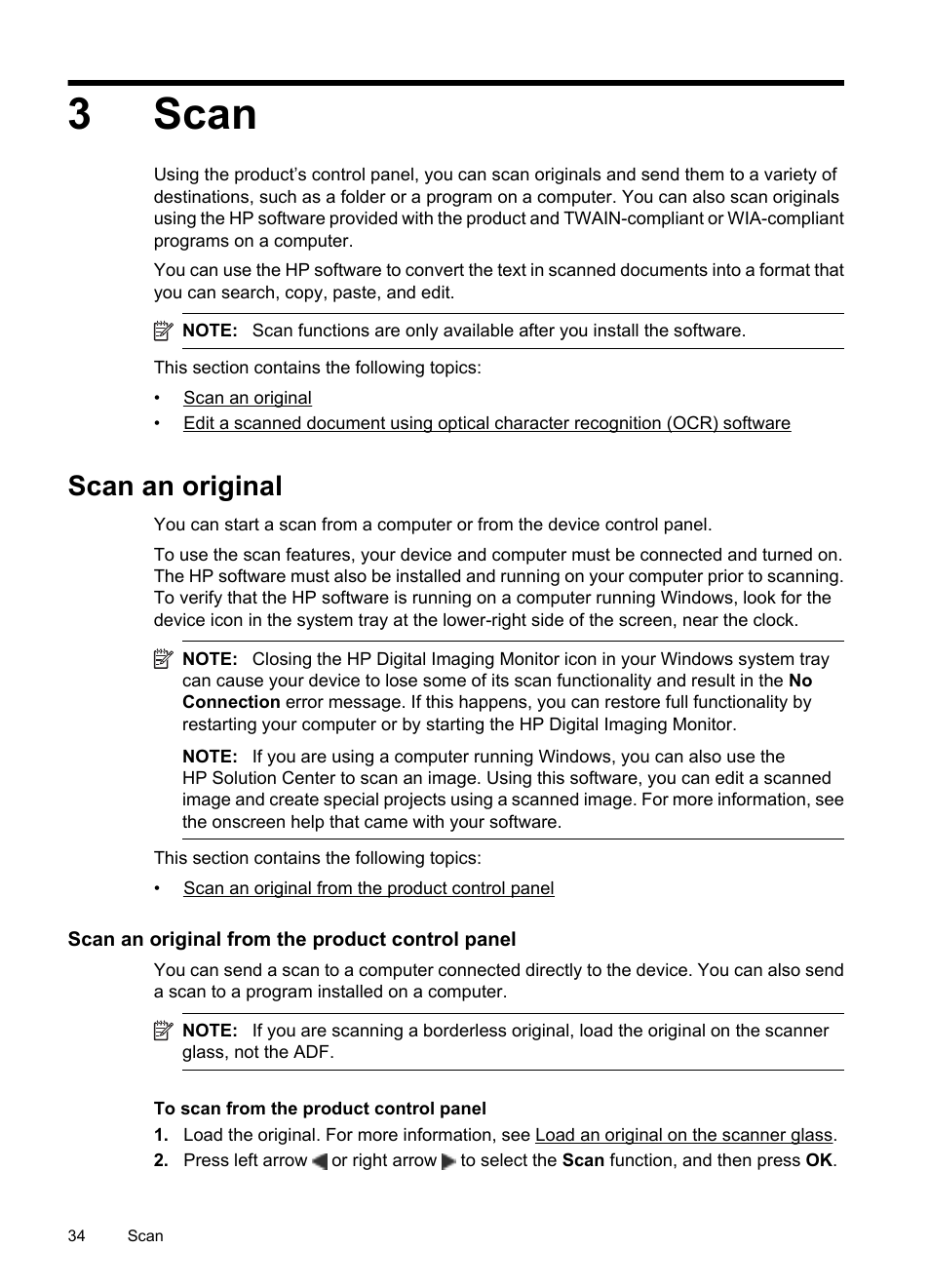 Scan, Scan an original, Scan an original from the product control panel | 3 scan, 3scan | HP OFFICEJET 4500 User Manual | Page 38 / 228