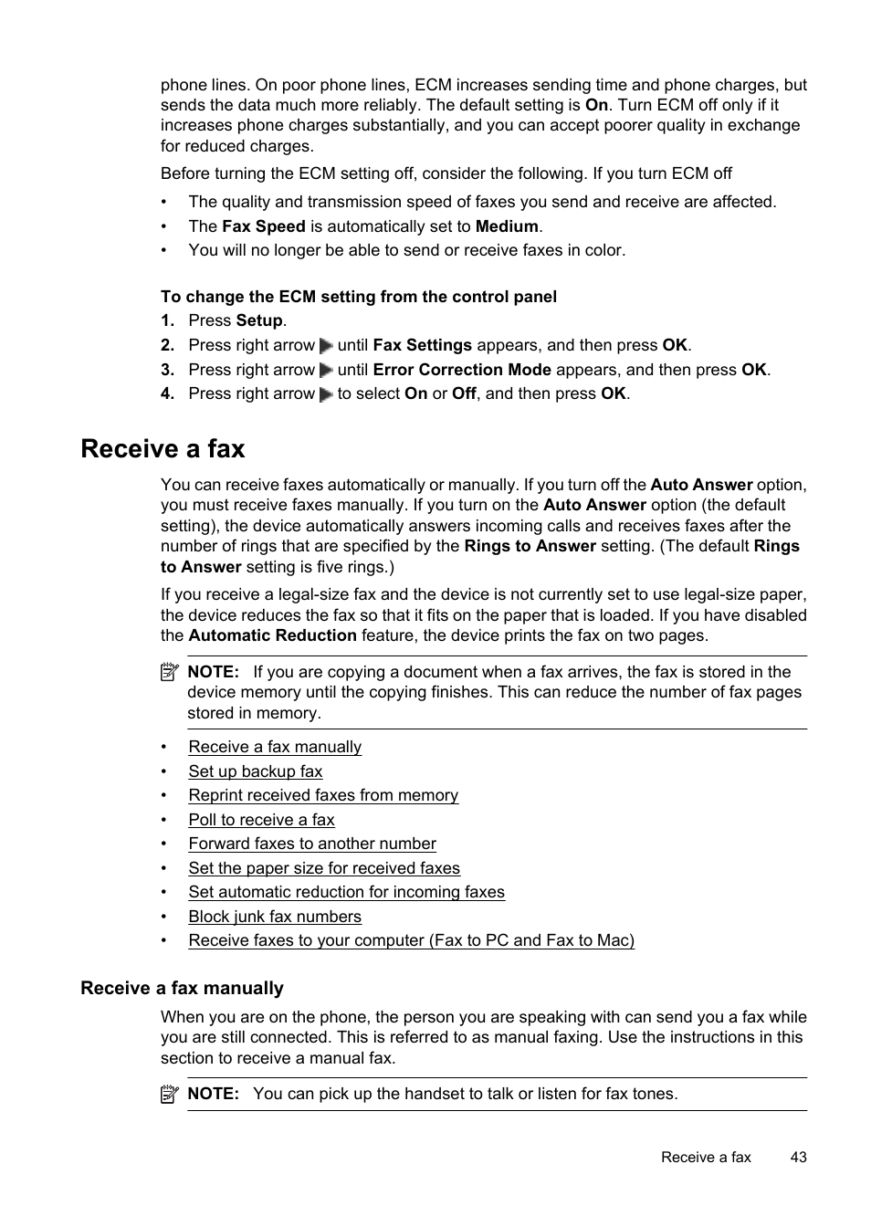 Receive a fax, Receive a fax manually | HP OFFICEJET 4500 User Manual | Page 47 / 228