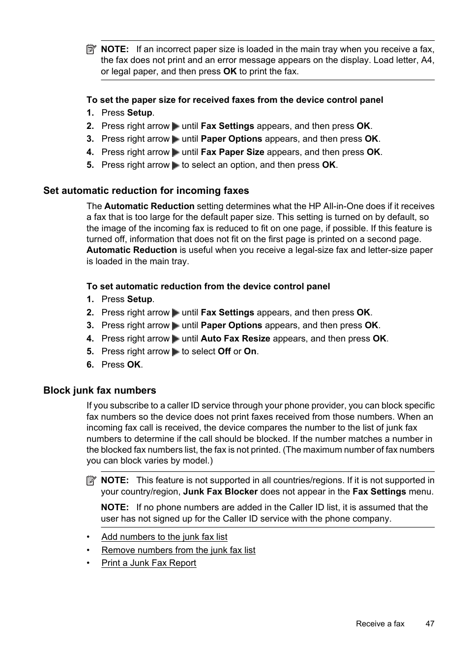 Set automatic reduction for incoming faxes, Block junk fax numbers | HP OFFICEJET 4500 User Manual | Page 51 / 228