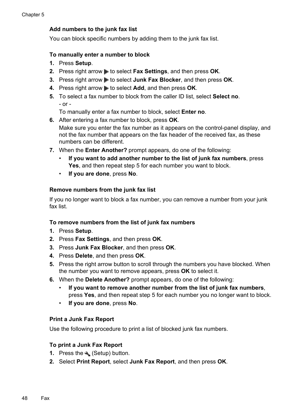 Add numbers to the junk fax list, Remove numbers from the junk fax list, Print a junk fax report | HP OFFICEJET 4500 User Manual | Page 52 / 228