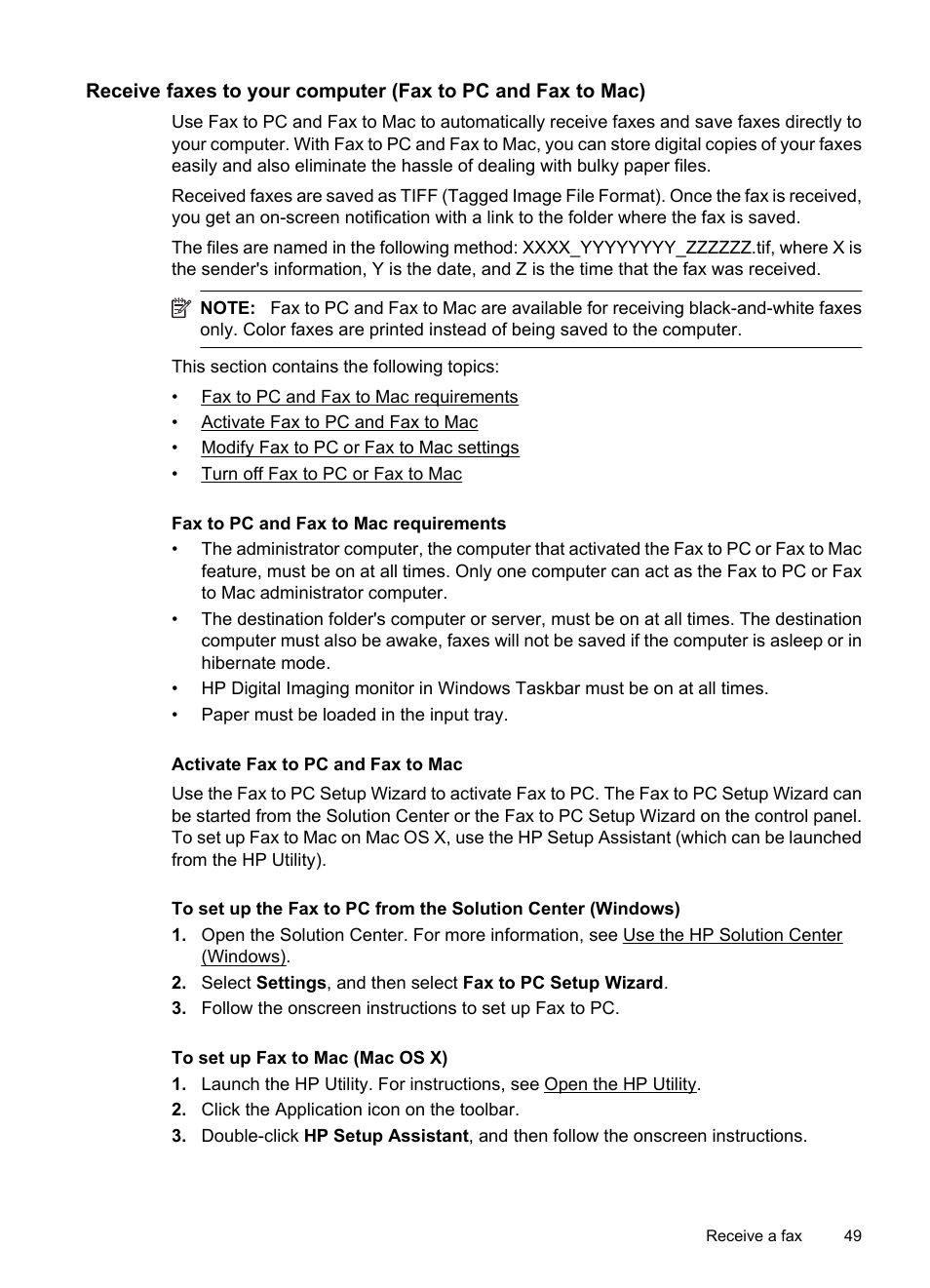 Fax to pc and fax to mac requirements, Activate fax to pc and fax to mac | HP OFFICEJET 4500 User Manual | Page 53 / 228