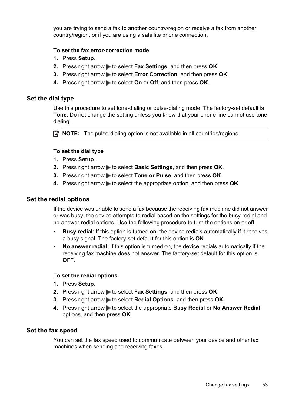 Set the dial type, Set the redial options, Set the fax speed | HP OFFICEJET 4500 User Manual | Page 57 / 228