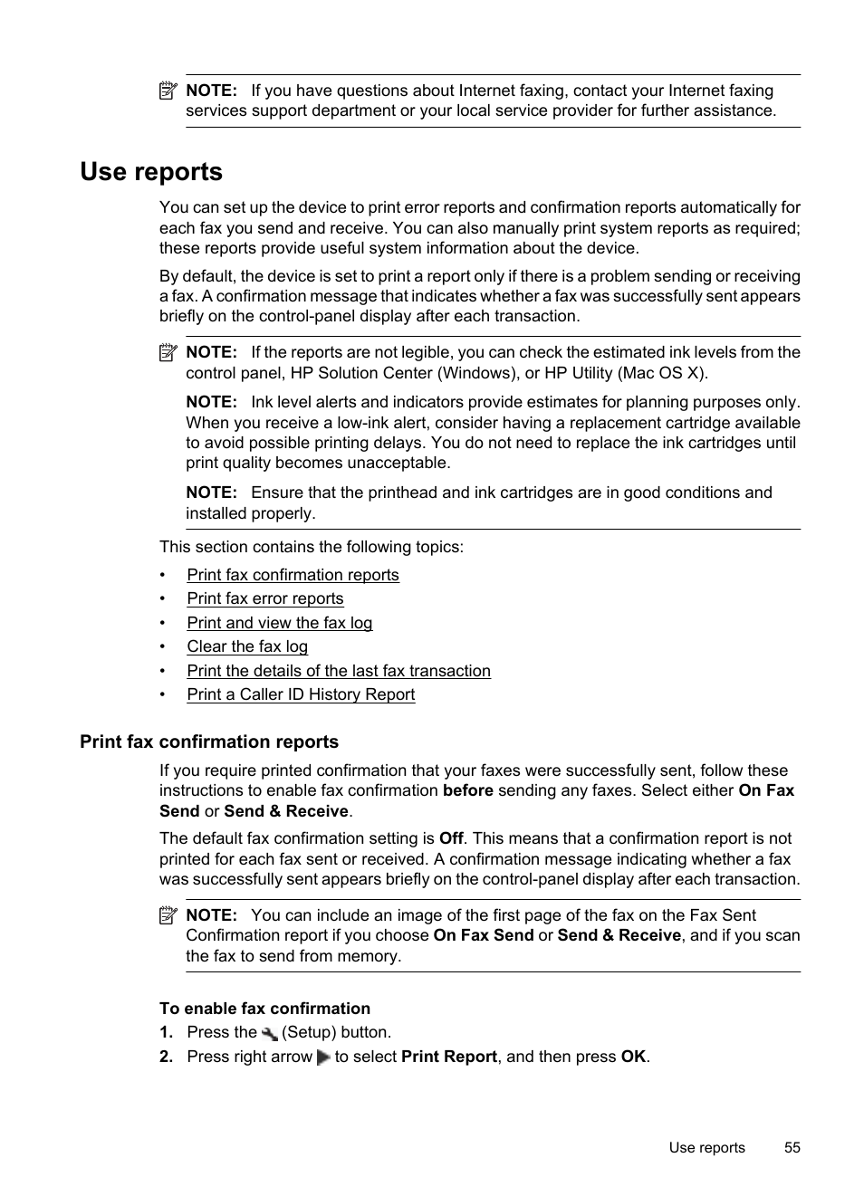 Use reports, Print fax confirmation reports | HP OFFICEJET 4500 User Manual | Page 59 / 228