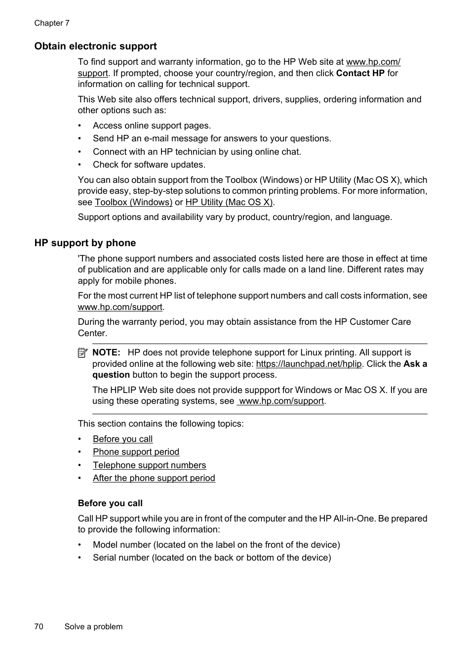 Obtain electronic support, Hp support by phone, Before you call | HP OFFICEJET 4500 User Manual | Page 74 / 228