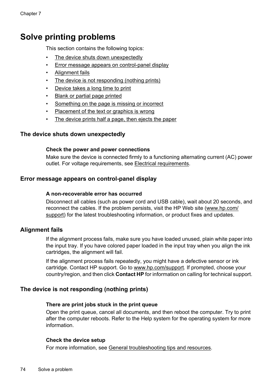 Solve printing problems, The device shuts down unexpectedly, Error message appears on control-panel display | Alignment fails, The device is not responding (nothing prints) | HP OFFICEJET 4500 User Manual | Page 78 / 228