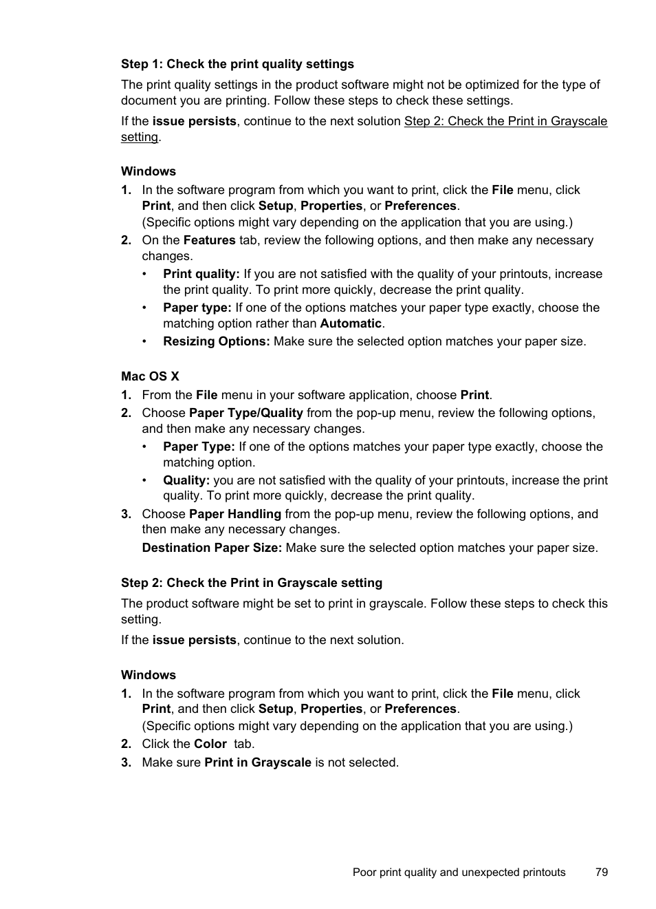 Step 1: check the print quality settings, Step 2: check the print in grayscale setting | HP OFFICEJET 4500 User Manual | Page 83 / 228